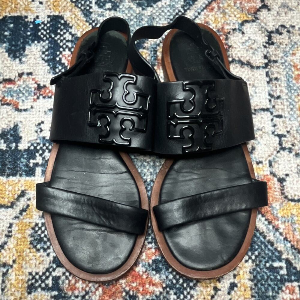 Tory Burch Melinda Black Leather Logo Sandals, Size 6